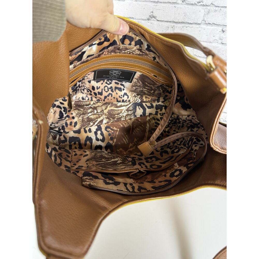 Sharif Yellow Brown Leather Hobo Handbag Embroidery Butterflies Flowers - Picture 11 of 12